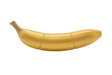 Złoty banan o gładkiej, metalicznej powierzchni, przedstawiony na czystym białym tle jako nowoczesna trójwymiarowa ilustracja lub element dekoracyjny.