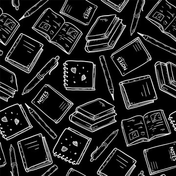 Notebook seamless pattern. Naive white chalk line art elements with books, notes and pen on black background