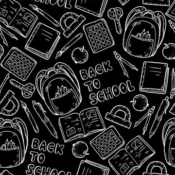Back to School seamless pattern. Naive white chalk line art elements with backpack, calculator, book and lettering on black background