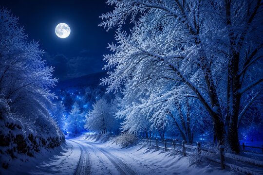 Snowy forest night moonlit snow blue winter landscape