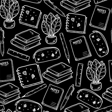 Notebook seamless pattern. Naive white chalk line art elements with books, pencil case, ruler and plants on black background