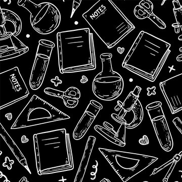 Science seamless pattern. Naive white chalk line art elements with microscope, test tube, flask and books on black background
