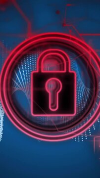 Lock icon animation over digital DNA strands and red network connections