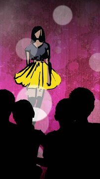 Animation of fashion drawing of model on catwalk at fashion show, on pink background
