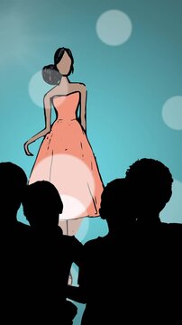 Animation of fashion drawing of model on catwalk at fashion show, on blue background