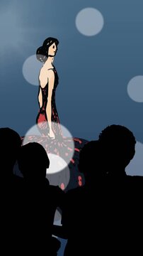 Animation of fashion drawing of model on catwalk at fashion show, on blue background