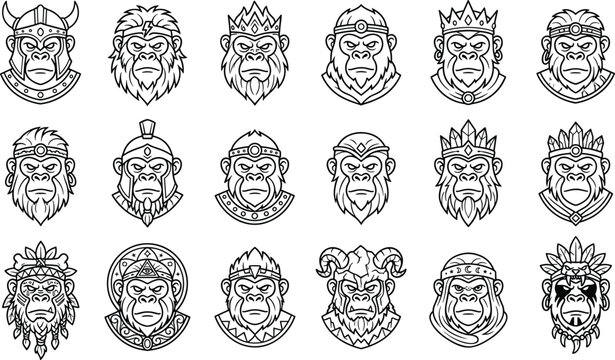 Set of black and white line art vector icons featuring gorilla and ape warrior heads with crowns and helmets