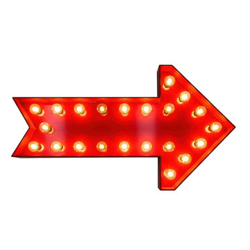 Red arrow sign with glowing light bulbs isolated on white background