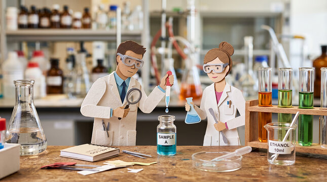 Scientists represented by paper cutouts perform chemical experiments in a modern laboratory setting.