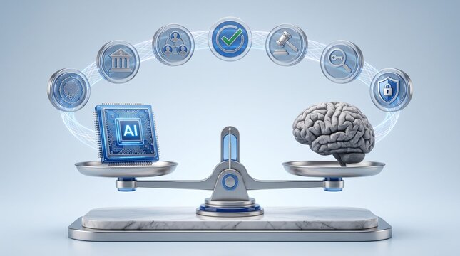 Balance between artificial intelligence microchip and human brain with digital icons representing ethics law and security