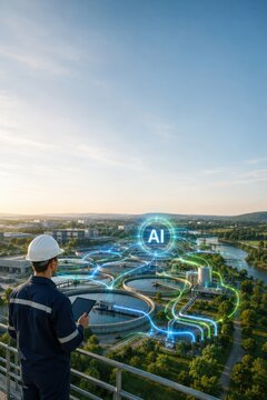 Engineer Monitoring AI Optimized Water Treatment Plant