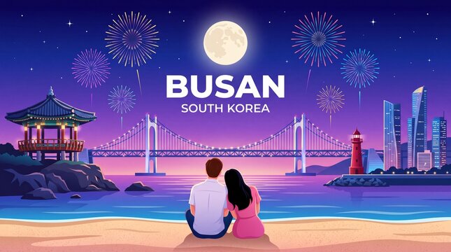 Busan, South Korea poster vector illustration. Beautiful Busan night and a couple leaning on each other