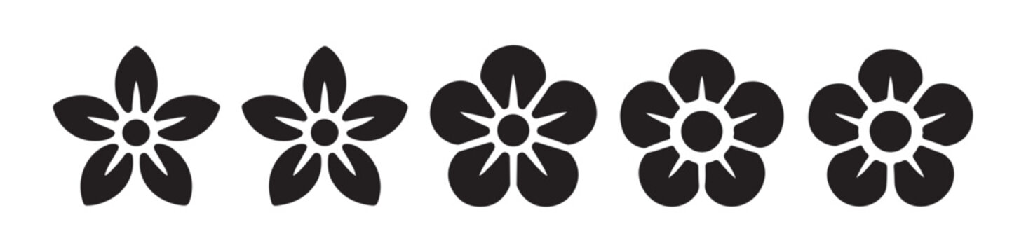 Black floral icons collection featuring five petal blossoms for decorative nature themed web designs.