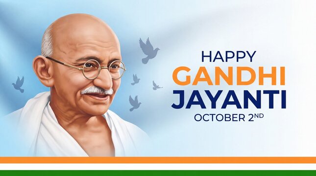 Happy Gandhi Jayanti Greeting Banner with Mahatma Gandhi Portrait October 2 Typography and Indian Tricolor Design