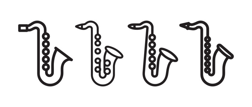 Set of saxophone line art icons for music design and jazz instrument vector graphics.