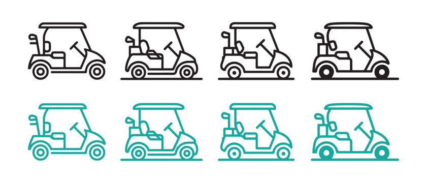 Golf cart icon set, vector line art illustration of electric golf buggy vehicles.