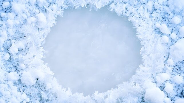 Top down macro of crystalline snowflakes forming a circular frame on smooth frozen icy surface texture