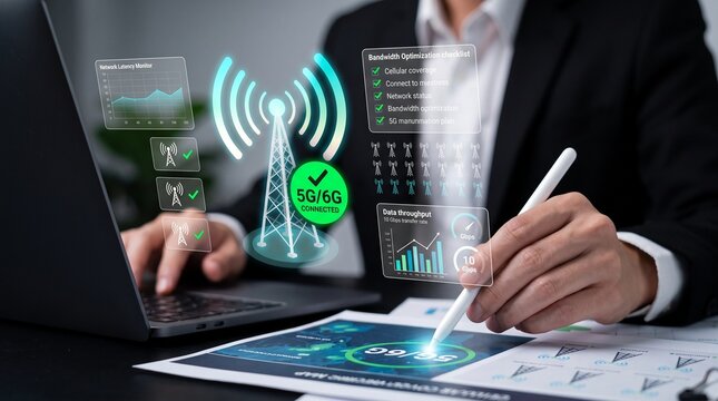 5g and 6g network optimization with telecommunications infrastructure, wireless signal monitoring, bandwidth analysis, and high speed data transmission.