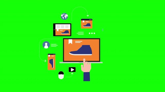 E Commerce Shopping Platform Concept with Laptop, Smartphone, Product Listing and Customer Interaction Elements