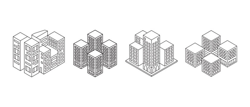 Isometric city building icons set, modern architecture line art for urban planning design.