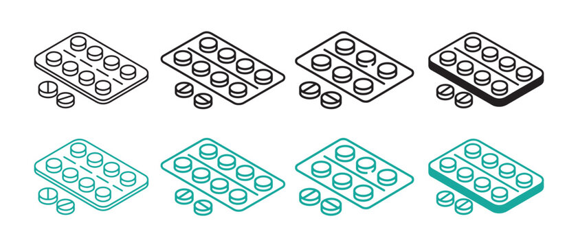 Isometric pill blister pack icon set for medical pharmacy and healthcare design.