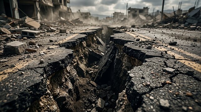 Deep fissure splitting asphalt road in earthquake disaster zone with ruined city background.