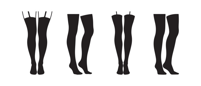 Set of female legs wearing stockings and garter belts in black silhouette vector style.