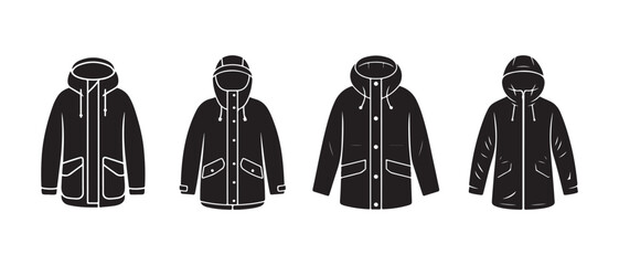 Set of winter parka jacket icons, hooded outerwear silhouettes for fashion design. © NadimStoker