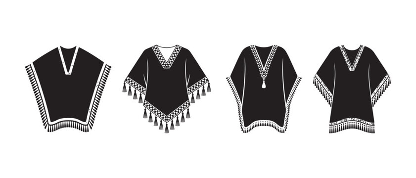 Set of black poncho illustrations for fashion design and apparel technical sketches.