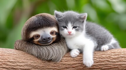 Naklejka premium Adorable baby sloth and cute kitten cuddling on a tree branch