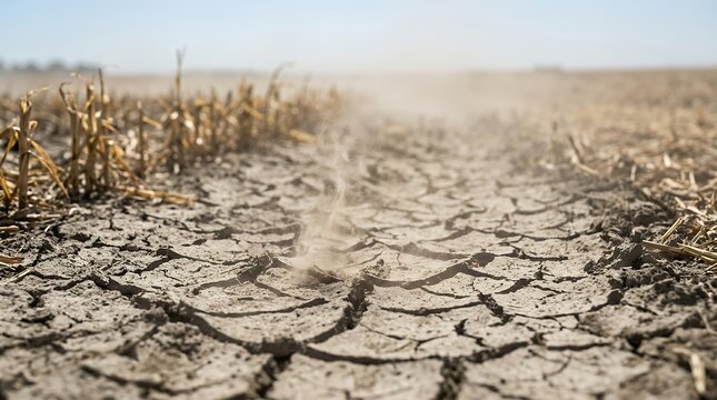 Dry cracked earth in arid farmland during a heatwave with rising dust particles.