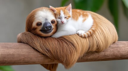 Naklejka premium A cute sloth and a small orange kitten cuddling together on a wooden branch