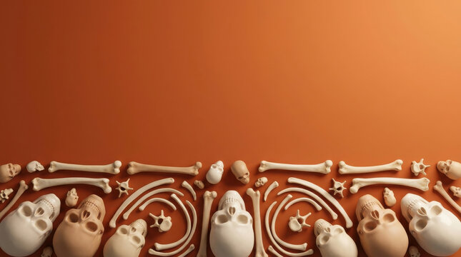 Decorative skulls and bones arranged in a creative pattern on a transparent background