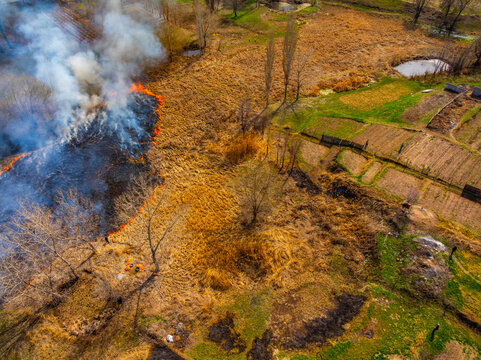 Aerial View of Field Fire and Smoke in Kyrgyzstan