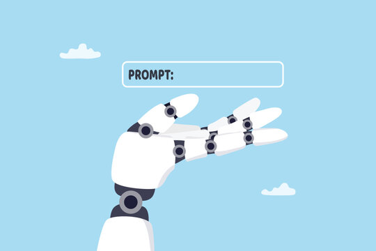 AI Artificial Intelligence prompt command input for generative creation, innovation or assistant with word sentence for computer robot, online generative AI input, robot hand prompt command text box.