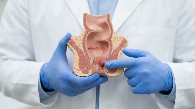 Proctologist explaining hemorrhoid anatomy using a medical model of the human rectum.