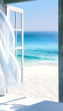 Serene watercolor painting of a tropical beach view through an open white window with sheer curtains