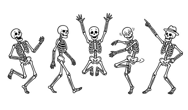Funny dancing skeleton Halloween cartoon characters in vintage black ink vector style