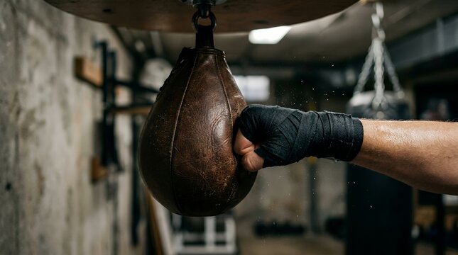 Male athlete punching leather speed bag in dimly lit underground boxing gym for training