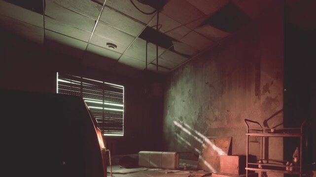 In an old, abandoned room, broken windows allow thin beams of light to enter. The walls are worn, and furniture is scattered. Dust covers the empty space.