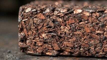 Fototapeta premium Macro view of a pressed recycled copper granule briquette for industrial metal smelting.