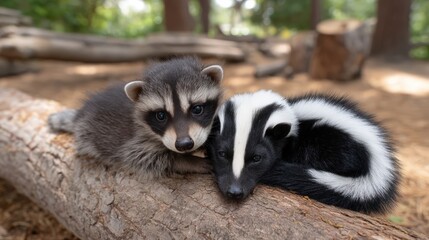 Naklejka premium Baby raccoon and baby skunk cuddling together on a wooden log in nature