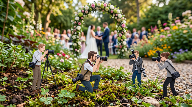 Tiny photographers capture a beautiful outdoor garden wedding ceremony with a floral arch.