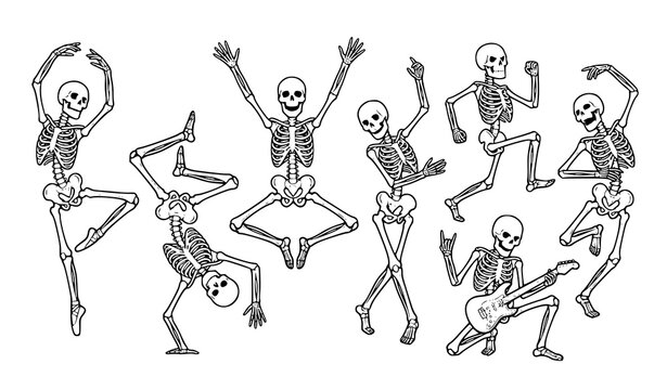 Vintage dancing skeleton Halloween vector character collection with spooky cartoon poses