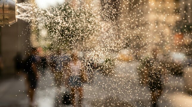 Ultra close-up macro shot of cooling water mist particles spraying in bright sunlight for urban heat relief