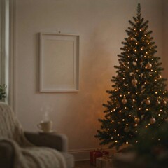 Fototapeta premium close up blank frame on wall in a cozy living room, christmas tree, night time