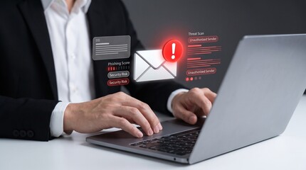 email security and threat detection concept showing businessman typing on laptop with phishing...
