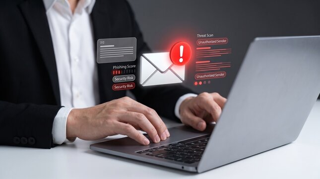 email security and threat detection concept showing businessman typing on laptop with phishing score alert, unauthorized sender warning, and email vulnerability risk assessment