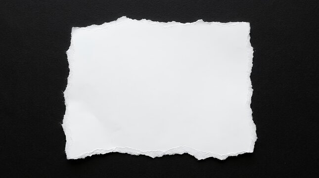 Blank white paper sheet with ripped torn edge detail positioned over high contrast dark black background white paper torn ripped edge border frame sheet blank empty black background dark contrast