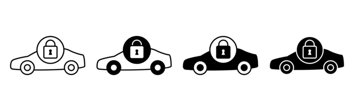Set of four car security icons featuring locked vehicle symbols in outline and solid styles.